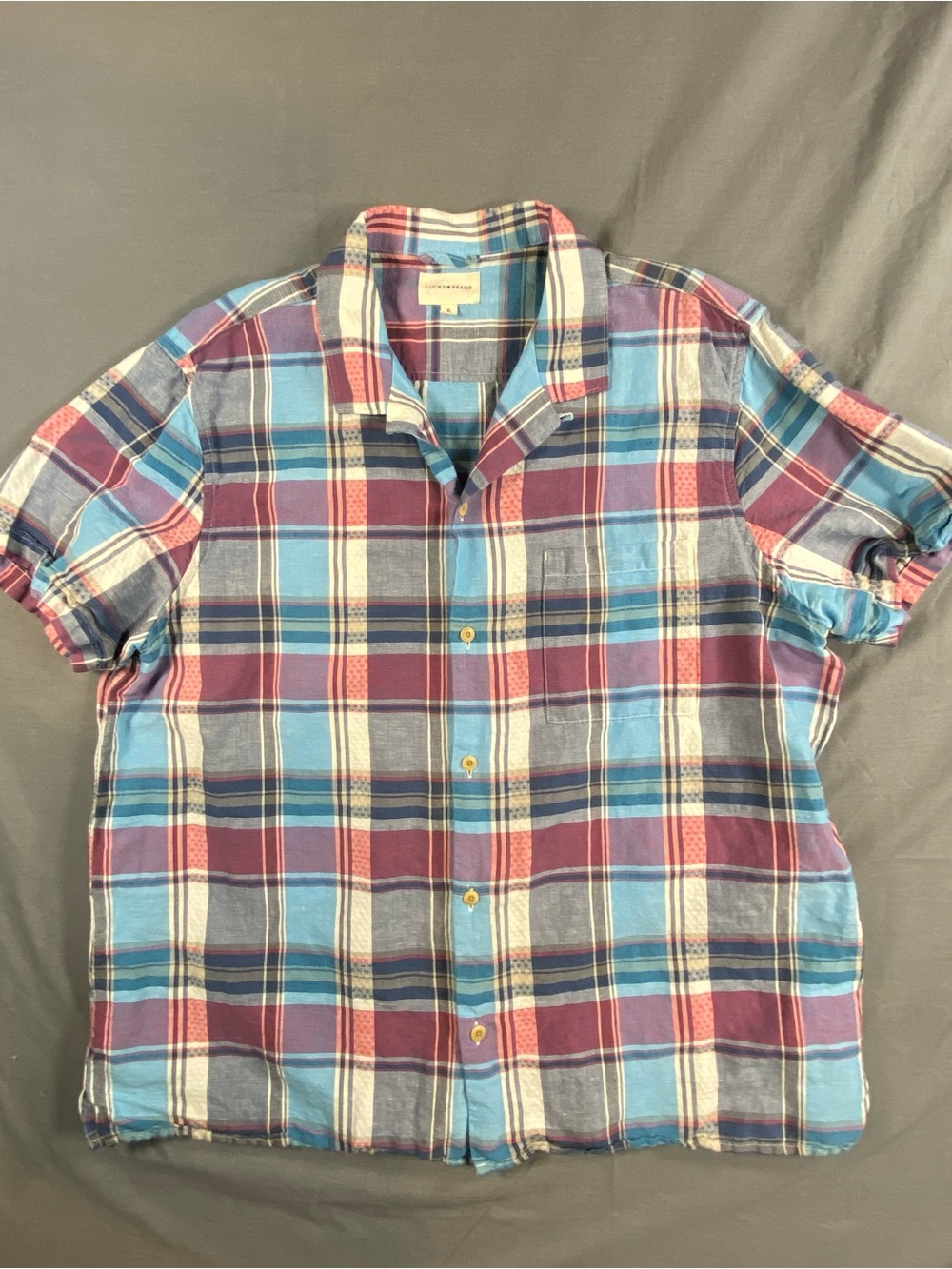 Lucky Brand Short-Sleeve Plaid Shirt in Blue, Burgundy & White